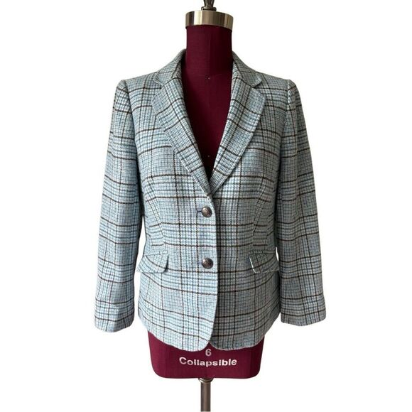 Talbots CLASSIC SHETLAND BLAZER Jacket GLEN PLAID Blue size 10 Petite Button Fro - Picture 2 of 14